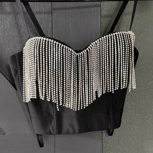 Black Corset Bra with Rhinestone Fringe